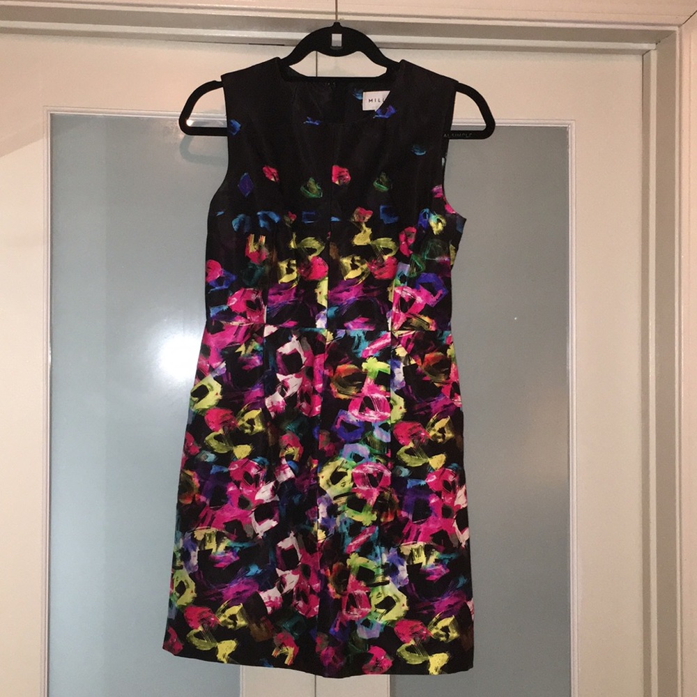 Milly shift dress, black with multicolored design